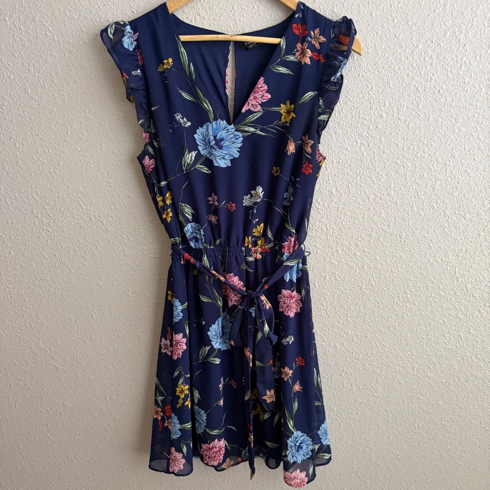 Express Navy Floral Print V-Neck Belted Waist Ruffled Sleeveless Dress M
